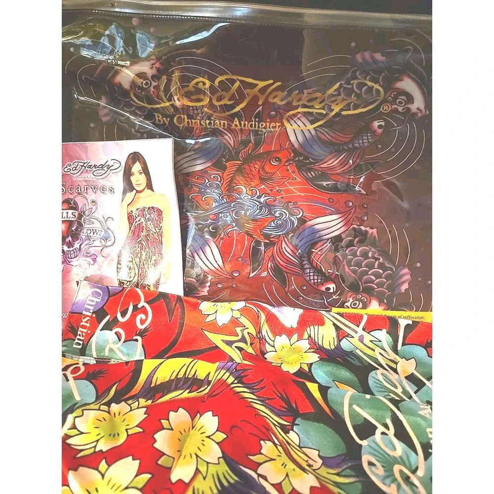 Ed Hardy Silk Scarf Skulls Signed With Zip Lock Protector Bag and Tag Card New